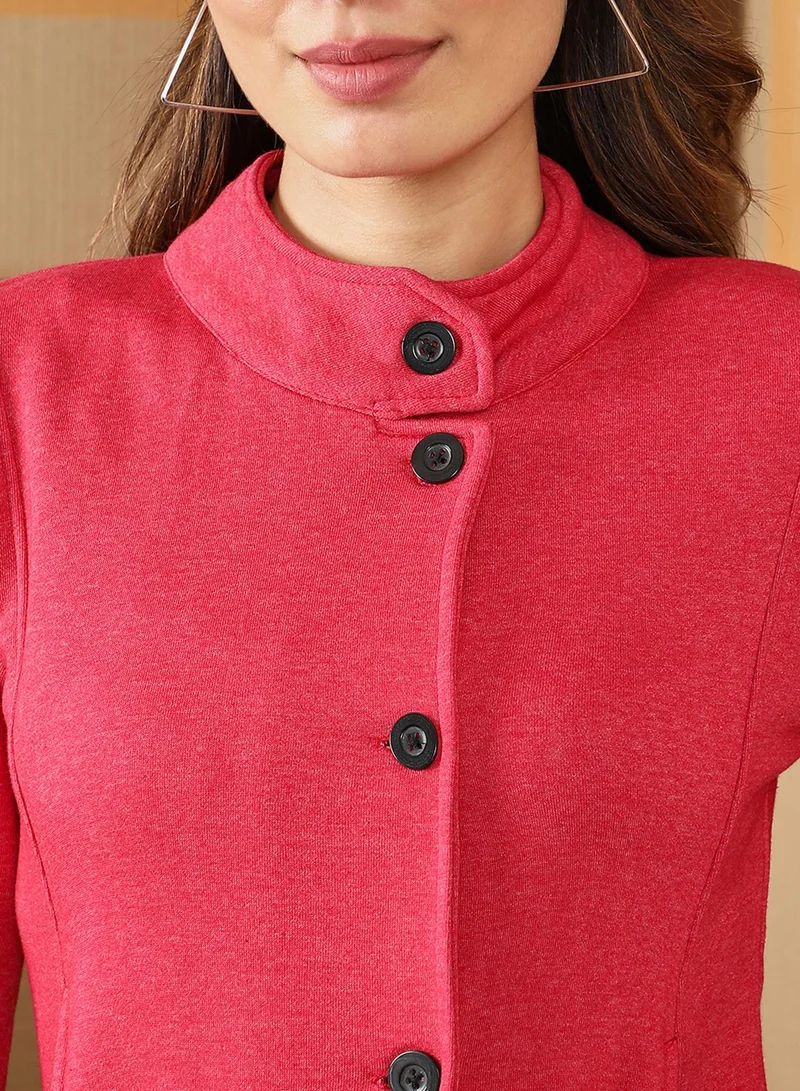 Pinacolada  Women's Rose Red Solid Knit Jacket For Casual Wear | High Neck | Long Regular Sleeves | Button Closure | Jacket Crafted With Comfort Fit For Everyday Wear for Women | Best Price UAE